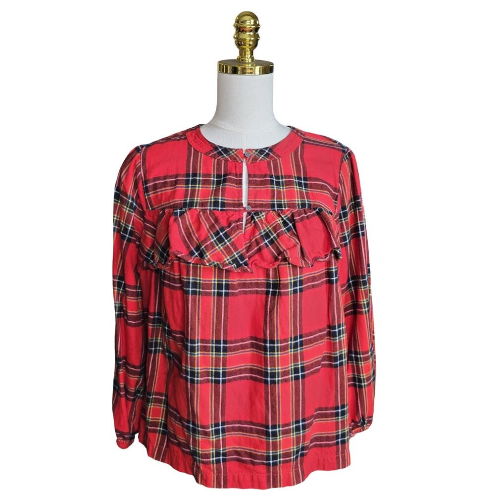 J. Crew Red Plaid Ruffle Blouse Size M Womens